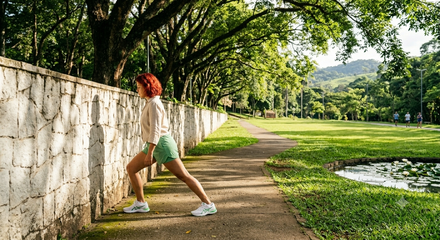 mulher fazendo alongamento de panturrilha antes de correr — prevenção fascite plantar