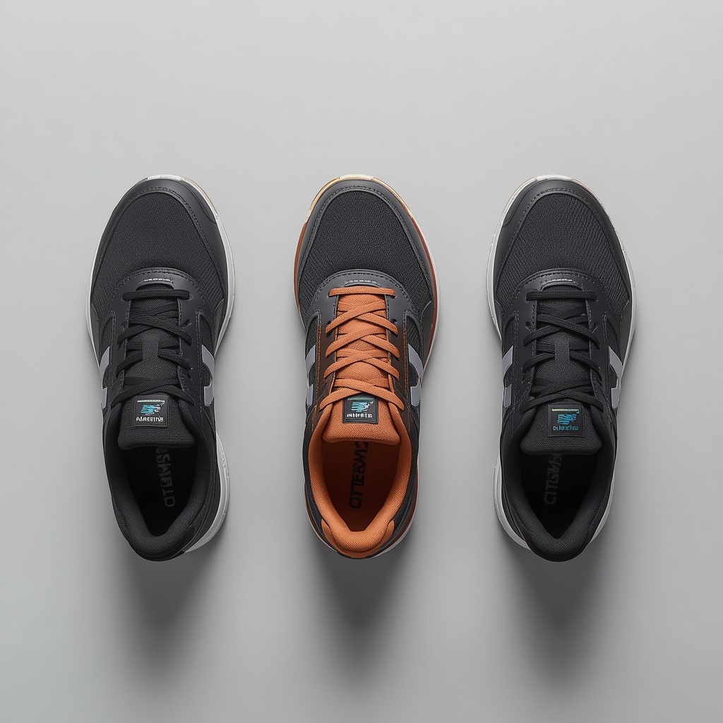 três tênis de apoio para fascite plantar em flat lay — melhor tênis para fascite plantar