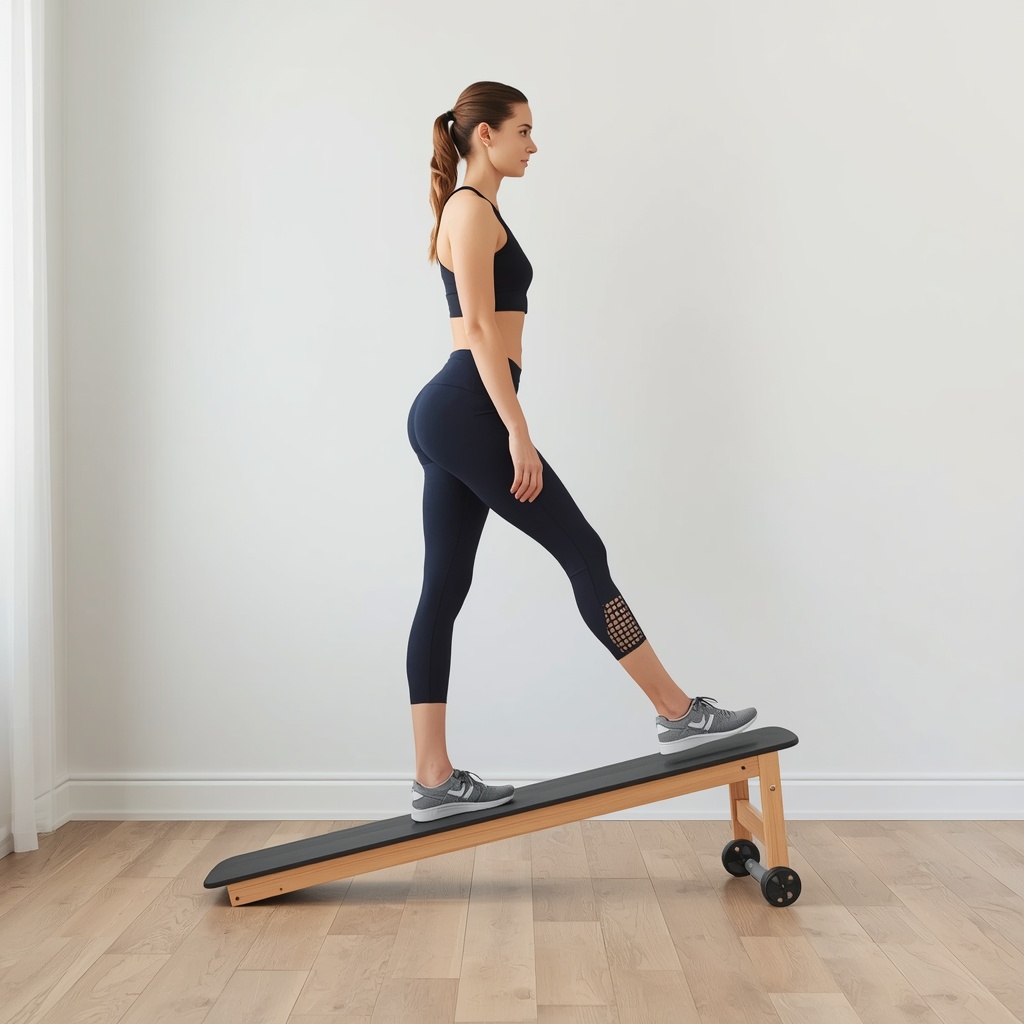 mulher usando alongador de panturrilha inclinado em casa — fascite plantar exercício
