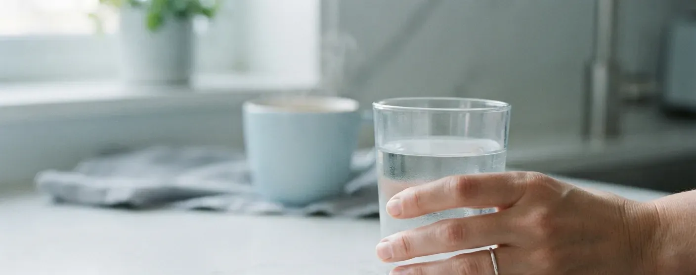 copo de agua e comprimido na bancada da cozinha — anti-inflamatorio para fascite plantar