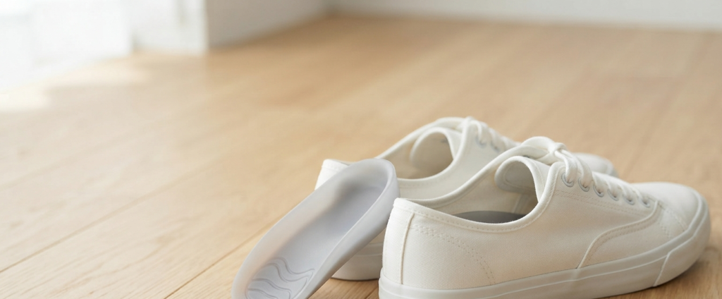 calcanheira de silicone ao lado de tenis branco — calcanheira de silicone para fascite plantar