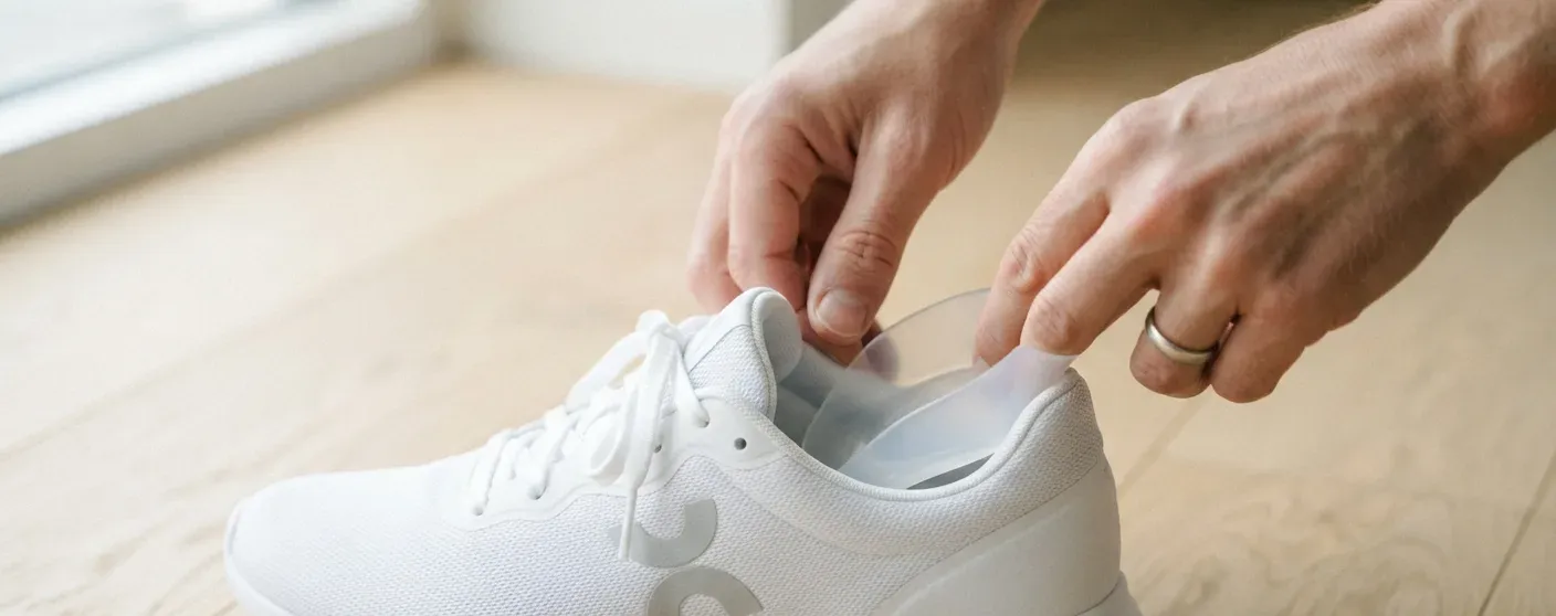 maos colocando calcanheira de silicone dentro do tenis — calcanheira de silicone para fascite plantar