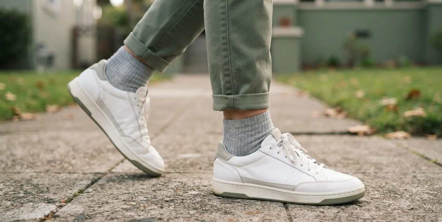 pes caminhando na calcada com tenis confortavel — calcanheira de silicone para fascite plantar