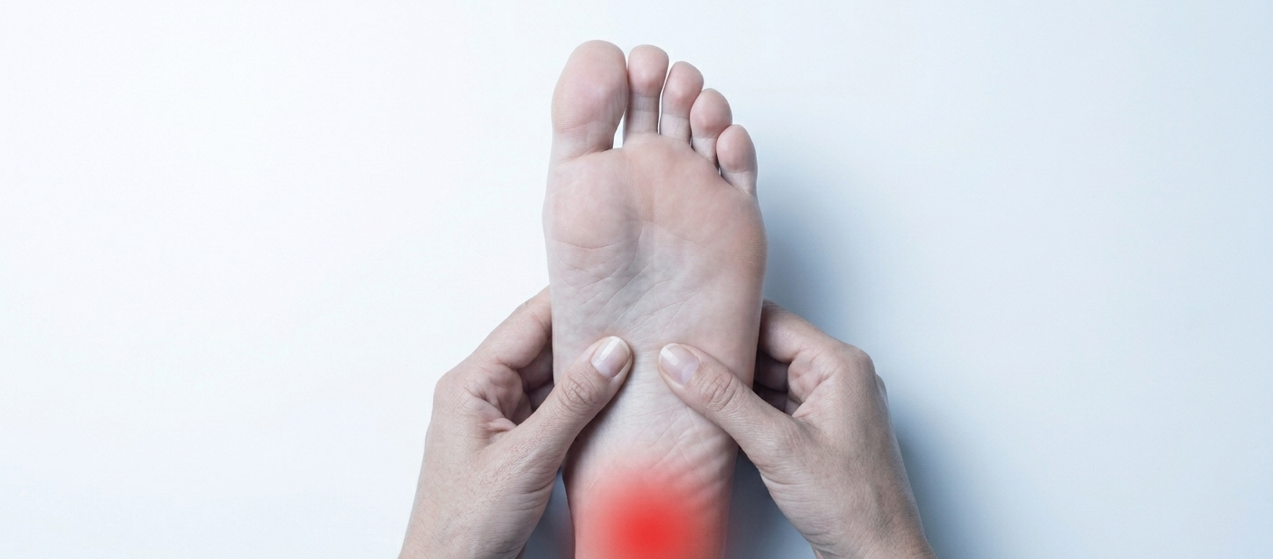 close-up do calcanhar com área de dor destacada — fascite plantar diagnóstico