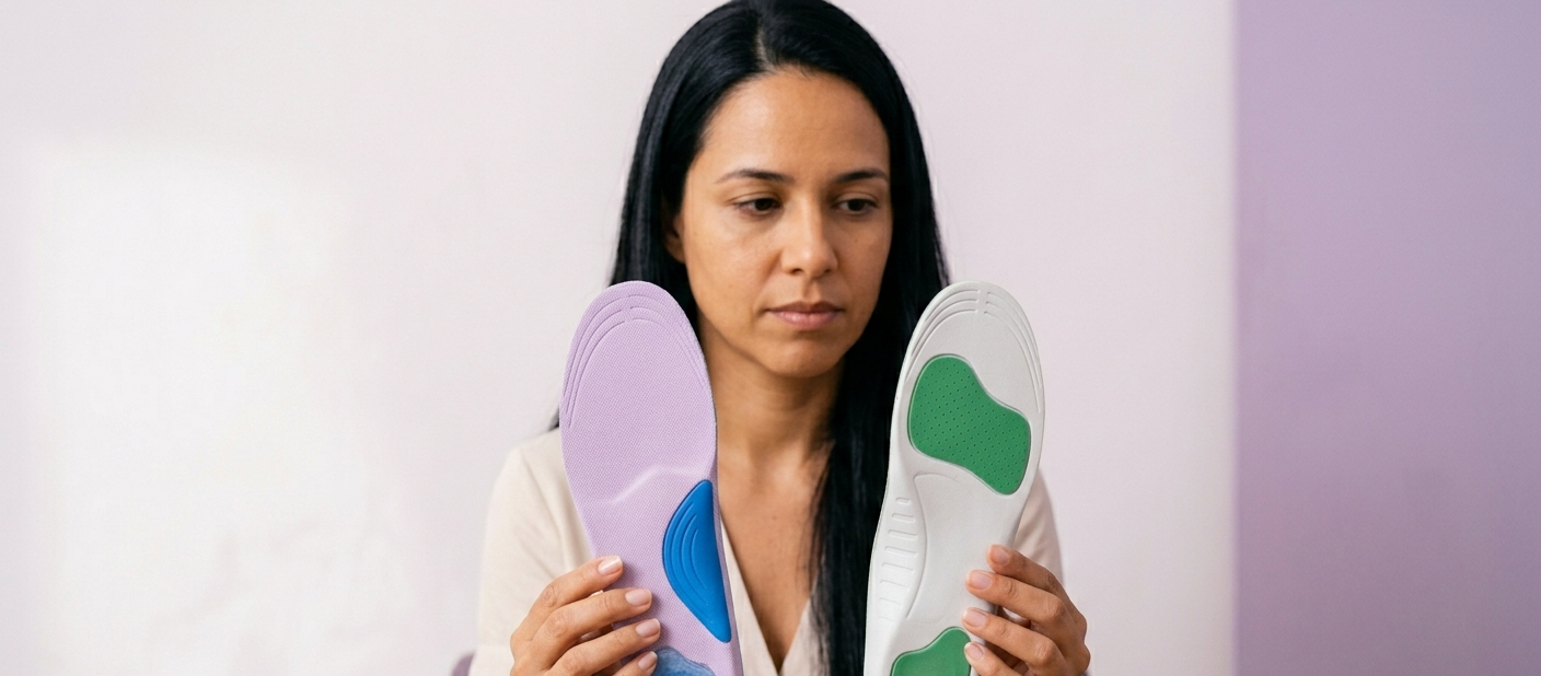 mulher comparando dois modelos de palmilha ortopédica — melhor palmilha fascite plantar