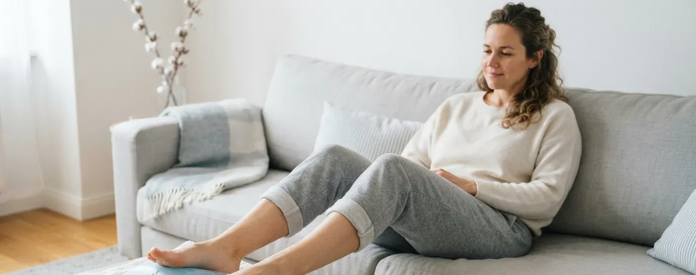 mulher com os dois pes sobre bolsa de gelo no sofa — fascite plantar bilateral