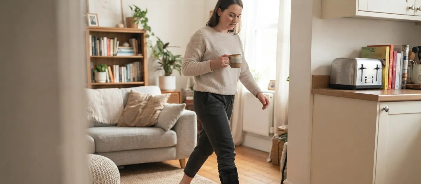 pessoa caminhando com a bota imobilizadora em casa — bota imobilizadora para fascite plantar