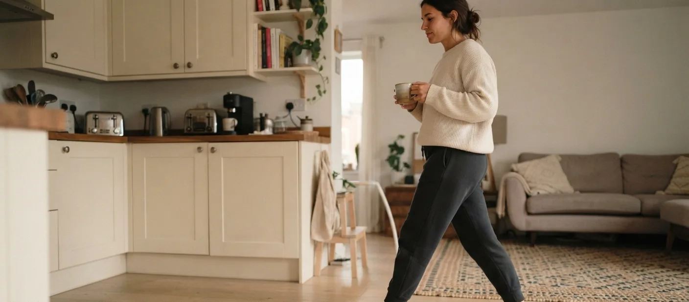 pessoa caminhando pela cozinha usando o chinelo ortopedico — chinelo ortopedico para fascite plantar