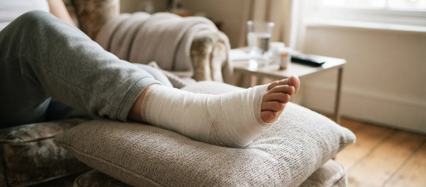 pe enfaixado elevado sobre travesseiro em recuperacao — cirurgia para fascite plantar