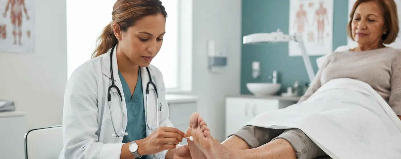 medico examinando o pe de paciente idosa — fascite plantar em diabeticos