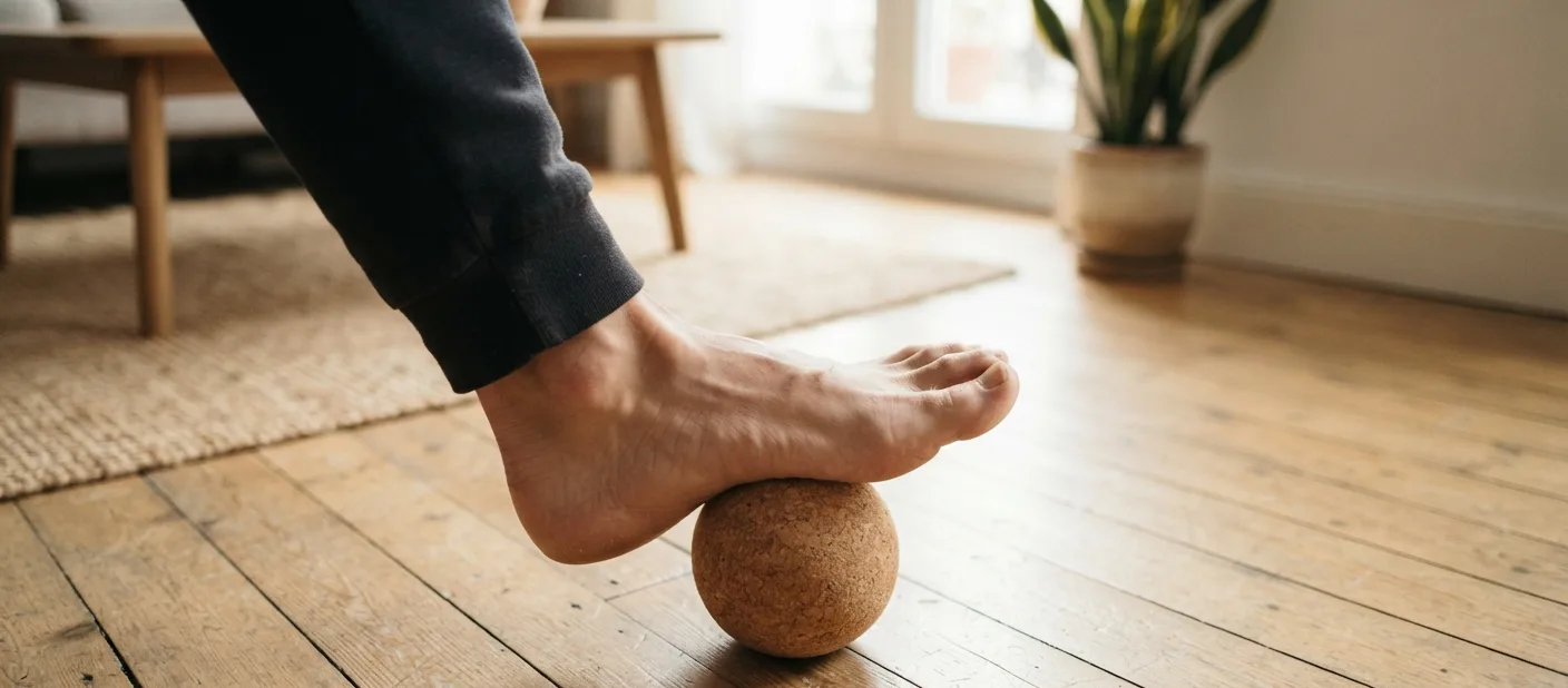 pe rolando sobre bolinha no chao vista de cima — exercicios de alongamento para fascite plantar