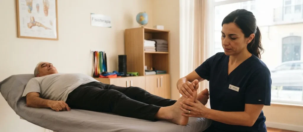 Sessão de fisioterapia para tratamento de fascite plantar