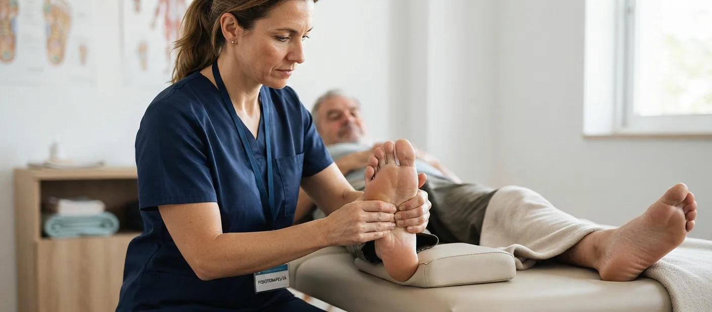 fisioterapeuta aplicando liberacao miofascial na sola do pe — fisioterapia para fascite plantar