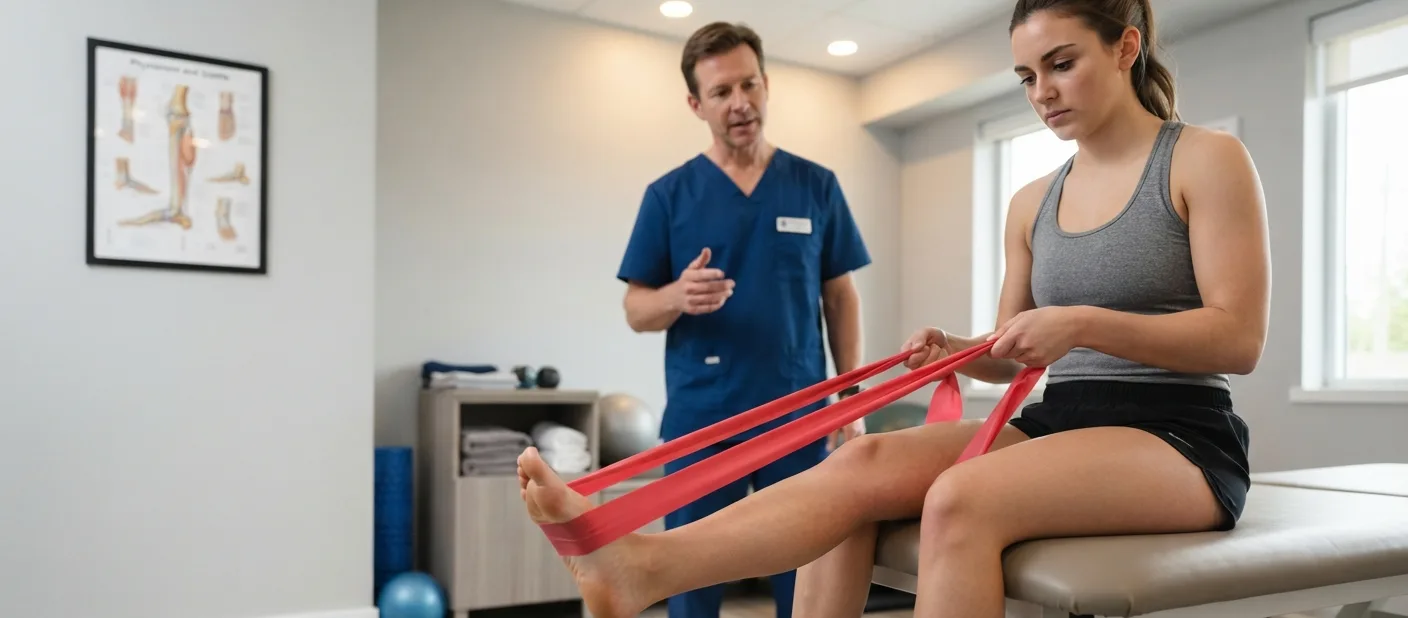 paciente fazendo fortalecimento com faixa elastica no pe — fisioterapia para fascite plantar