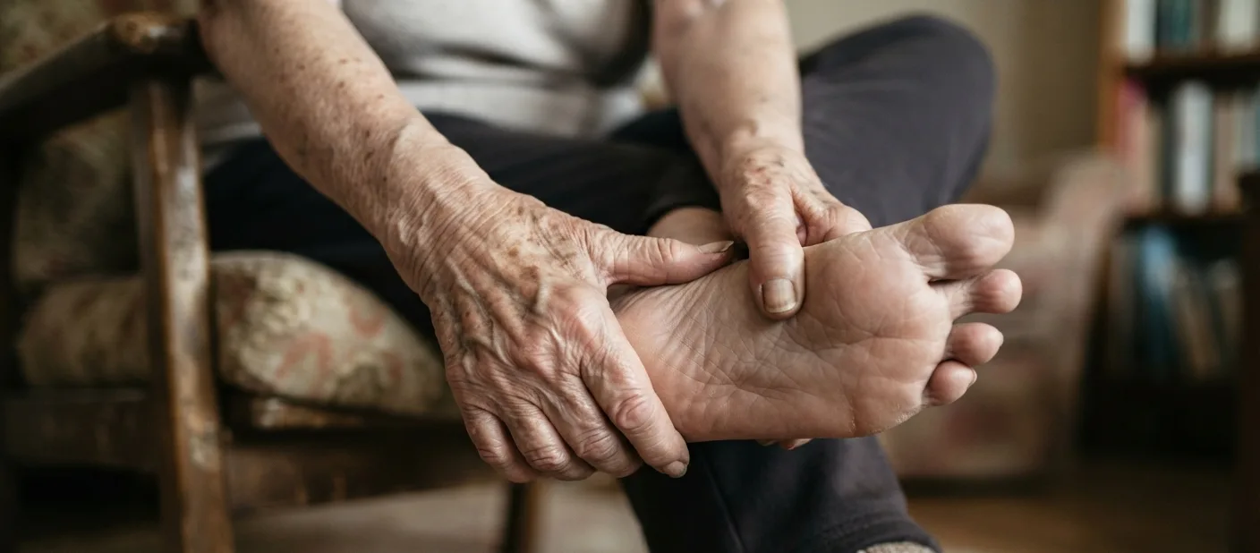 close-up das maos de pessoa idosa massageando a sola do pe — fascite plantar em idosos