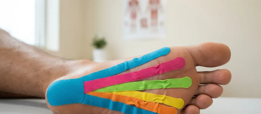 Aplicação de kinesio tape no pé para tratar fascite plantar