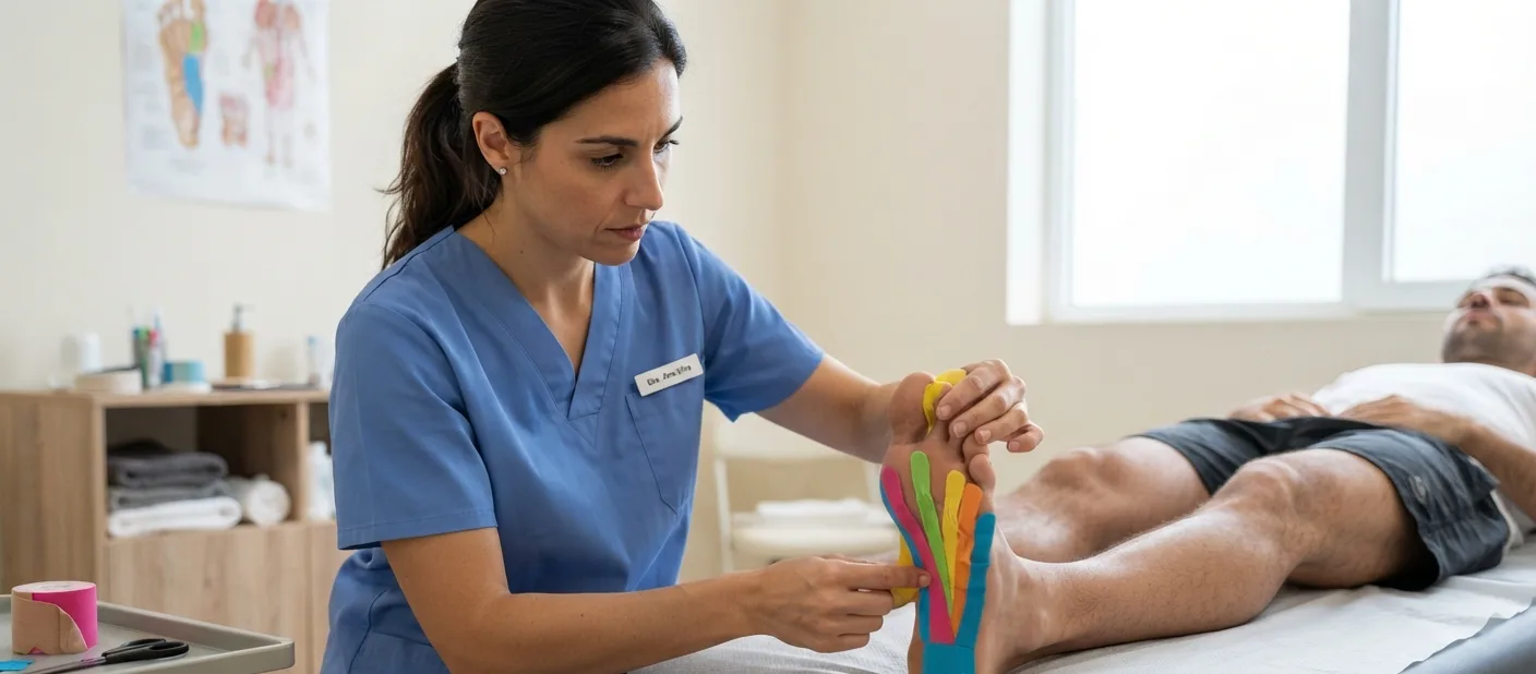 fisioterapeuta aplicando kinesio tape no pe do paciente — kinesio tape para fascite plantar