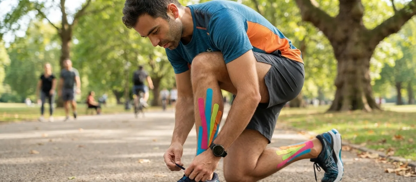 corredor amarrando o tenis com bandagem visivel no tornozelo — kinesio tape para fascite plantar