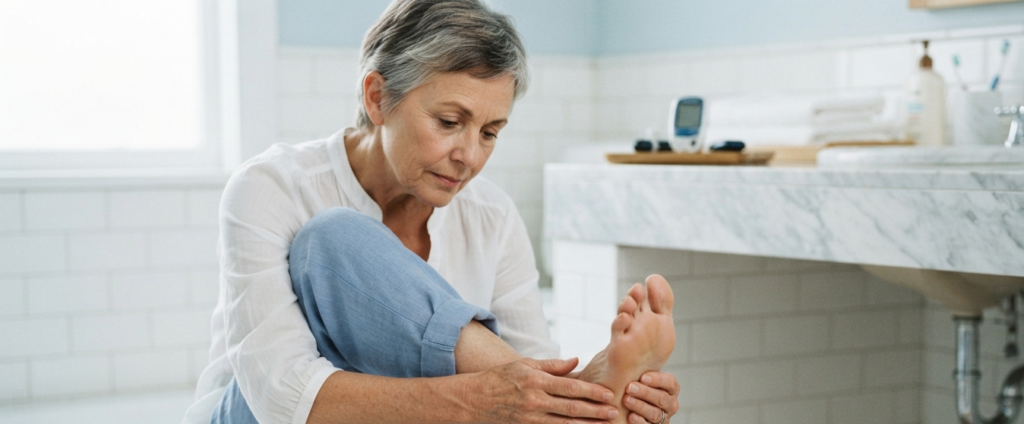 mulher verificando o pe no banheiro — fascite plantar em diabeticos