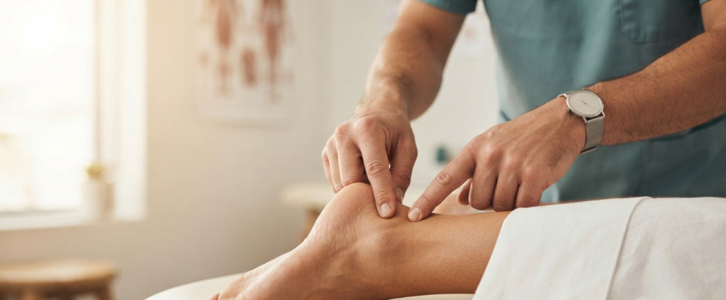fisioterapeuta examinando pe e tendao de aquiles — fascite plantar ou tendinite
