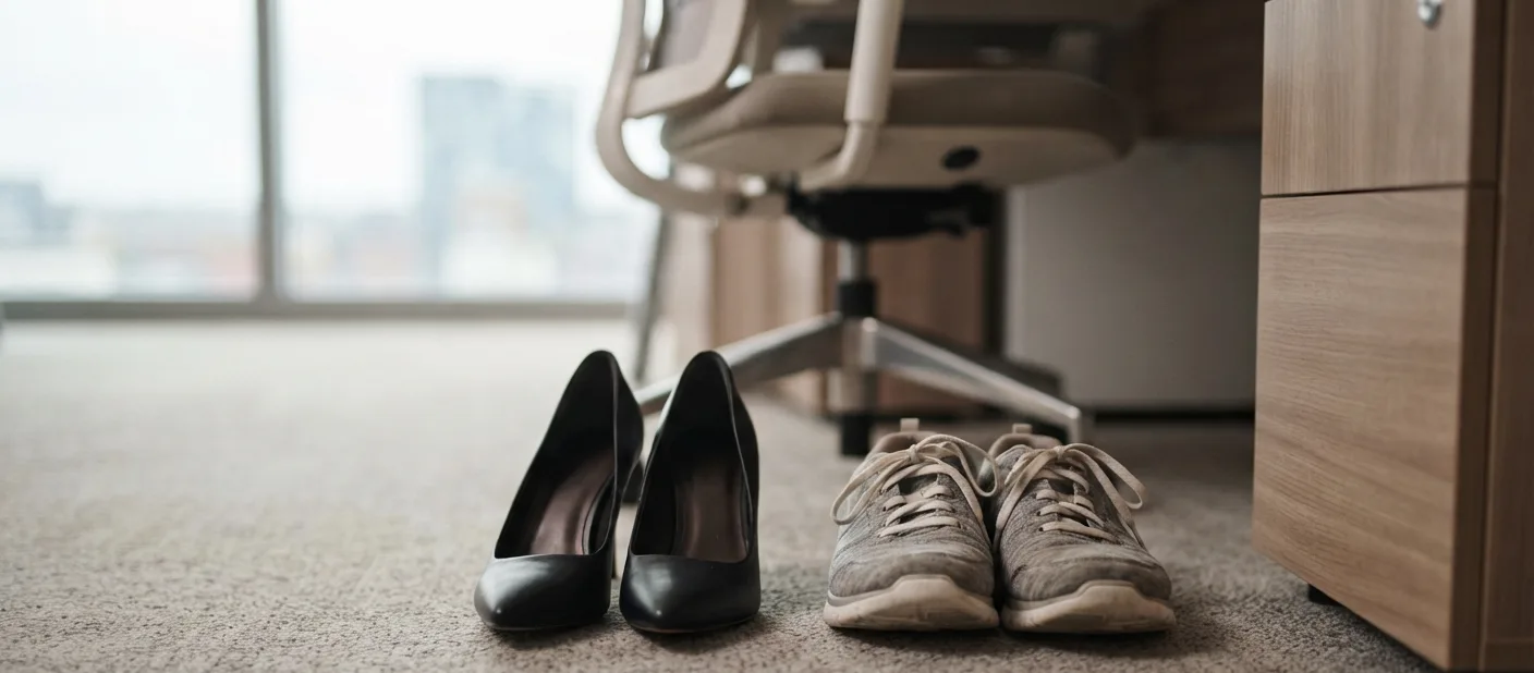 sapato de salto alto ao lado de tenis confortavel no escritorio — fascite plantar em quem usa salto alto