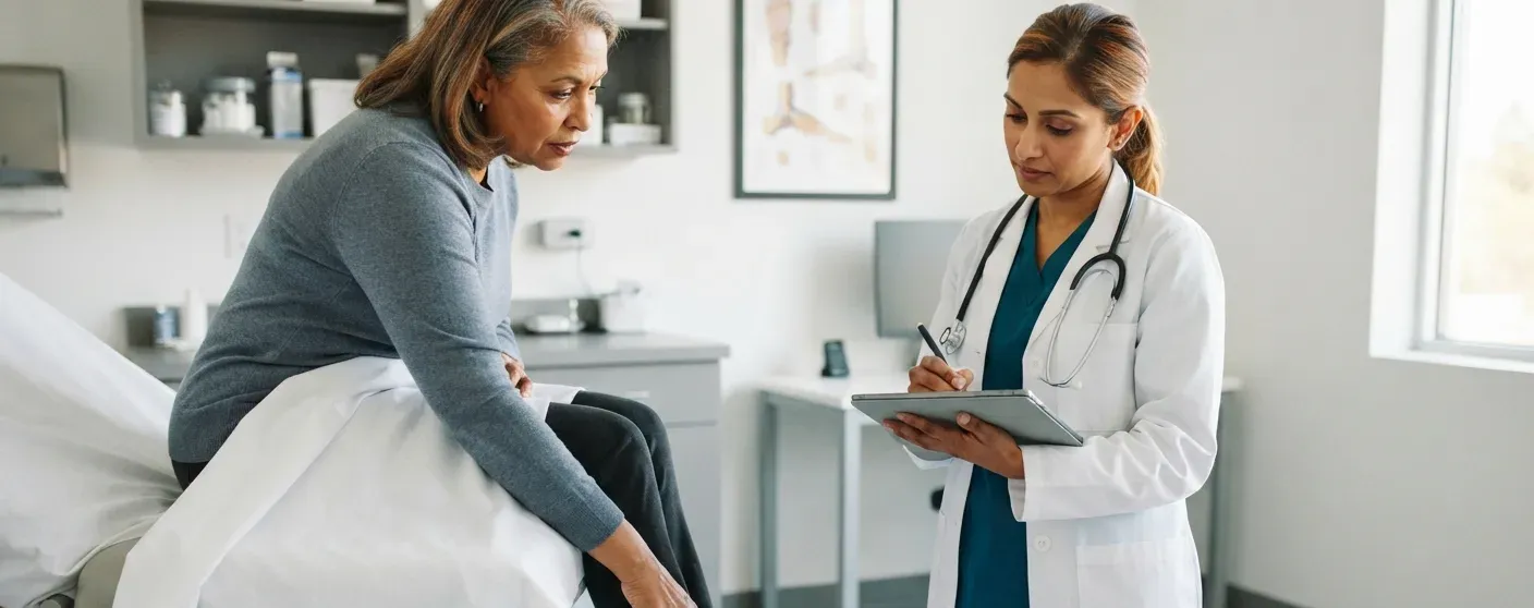 paciente apontando para o calcanhar durante consulta — fascite plantar ou tendinite