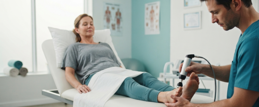 fisioterapeuta aplicando ondas de choque no pe — ondas de choque para fascite plantar