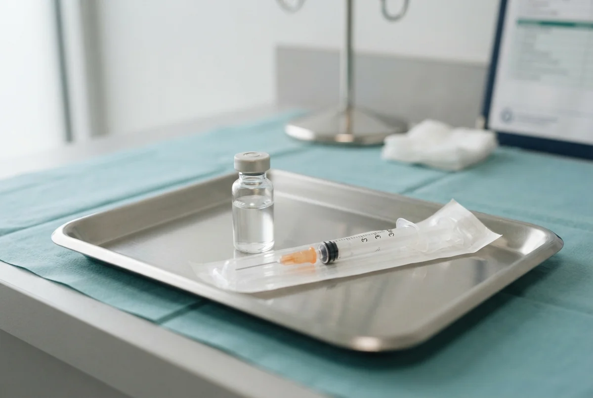 seringa e frasco de medicamento em bandeja clínica esterilizada